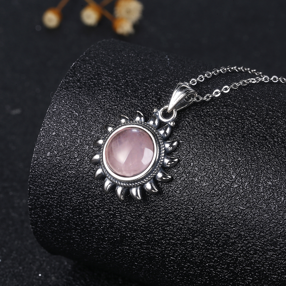 925 Sterling Silver Necklace Sun shape 10MM Natural Rose Quartz Pendant Necklace for Women Jewelry Gift Pink Stone Necklace 925 Sterling Silver Necklace Sun shape 10MM Natural Rose Quartz Pendant Necklace for Women Jewelry Gift Pink Stone Necklace