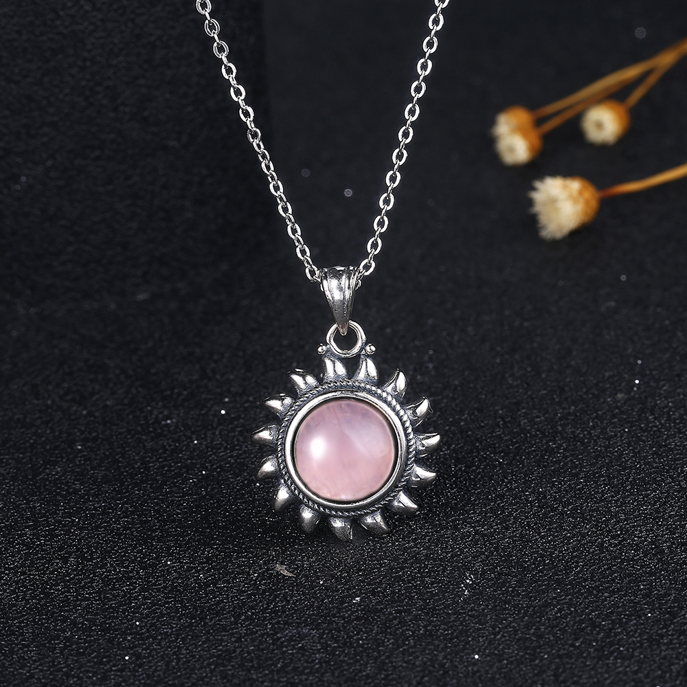 925 Sterling Silver Necklace Sun shape 10MM Natural Rose Quartz Pendant Necklace for Women Jewelry Gift Pink Stone Necklace 925 Sterling Silver Necklace Sun shape 10MM Natural Rose Quartz Pendant Necklace for Women Jewelry Gift Pink Stone Necklace