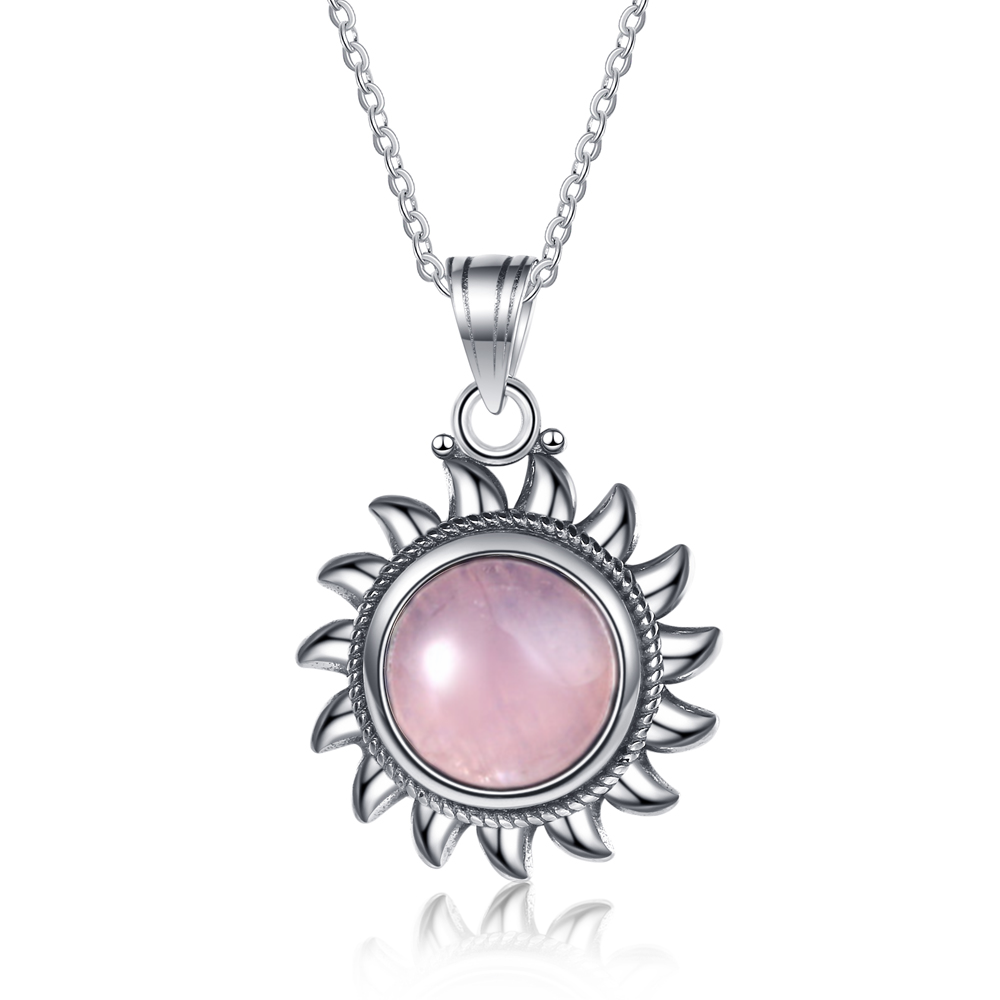 925 Sterling Silver Necklace Sun shape 10MM Natural Rose Quartz Pendant Necklace for Women Jewelry Gift Pink Stone Necklace 925 Sterling Silver Necklace Sun shape 10MM Natural Rose Quartz Pendant Necklace for Women Jewelry Gift Pink Stone Necklace