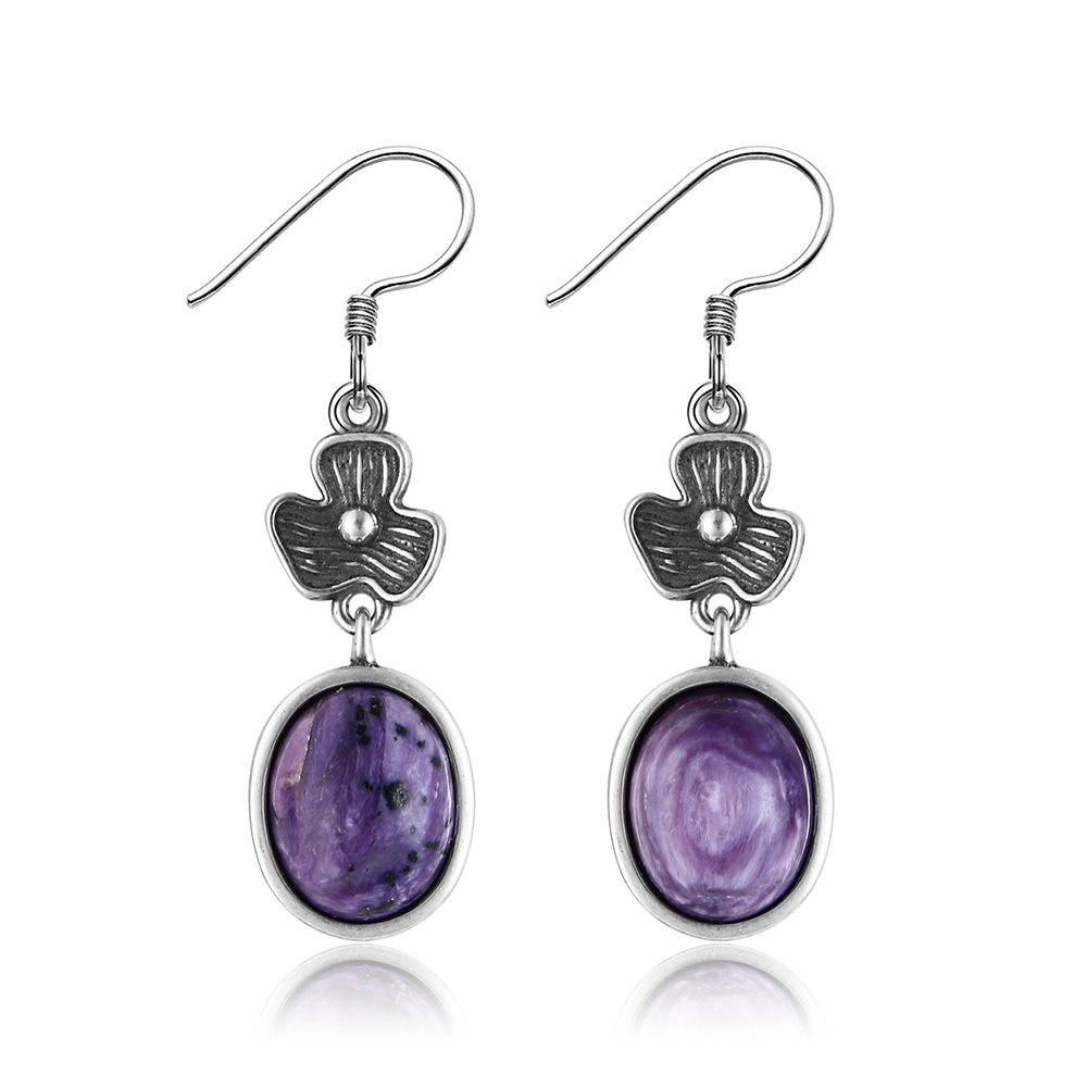 Flower Shape 8x10MM Oval Natural Charoite Drop Earrings For Women Vintage Silver Earrings Fashion Jewelry Gifts Flower Shape 8x10MM Oval Natural Charoite Drop Earrings For Women Vintage Silver Earrings Fashion Jewelry Gifts