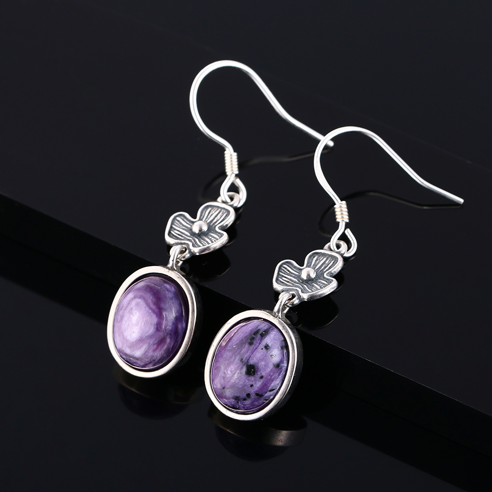 Flower Shape 8x10MM Oval Natural Charoite Drop Earrings For Women Vintage Silver Earrings Fashion Jewelry Gifts Flower Shape 8x10MM Oval Natural Charoite Drop Earrings For Women Vintage Silver Earrings Fashion Jewelry Gifts