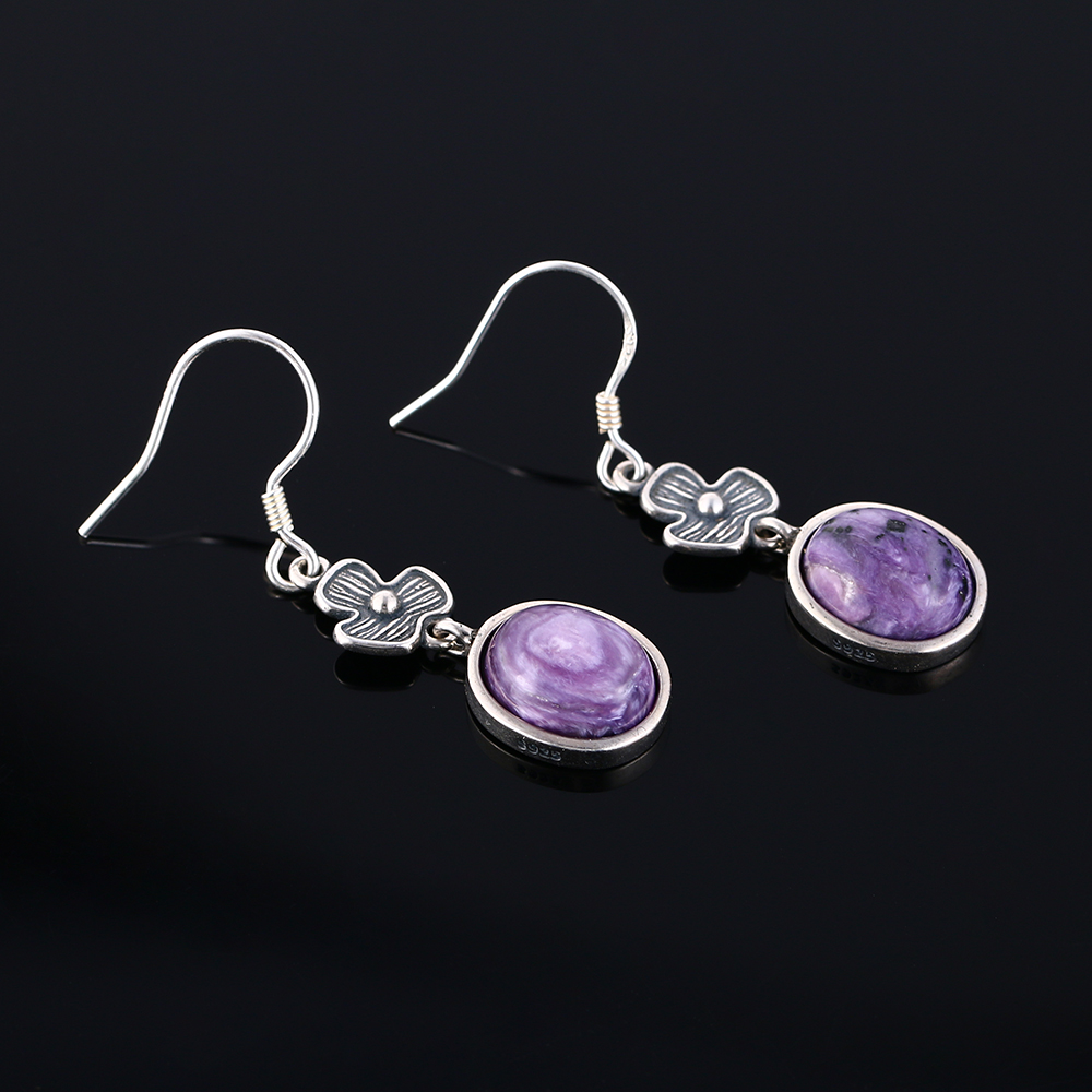 Flower Shape 8x10MM Oval Natural Charoite Drop Earrings For Women Vintage Silver Earrings Fashion Jewelry Gifts Flower Shape 8x10MM Oval Natural Charoite Drop Earrings For Women Vintage Silver Earrings Fashion Jewelry Gifts