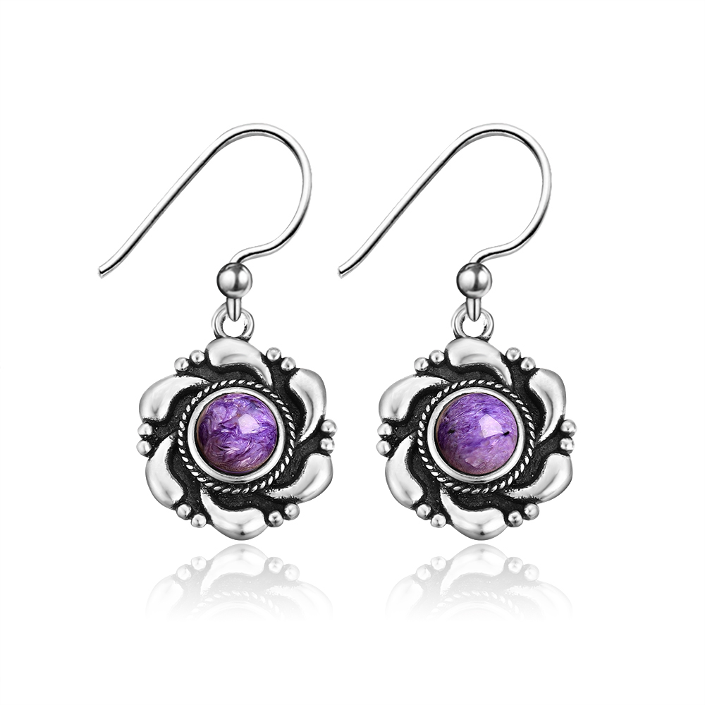 Fine Jewelry Silver Bohemia Earring for Women Natural Charoite Drop Earrings for Party Anniversary Gift Wholesale Fine Jewelry Silver Bohemia Earring for Women Natural Charoite Drop Earrings for Party Anniversary Gift Wholesale