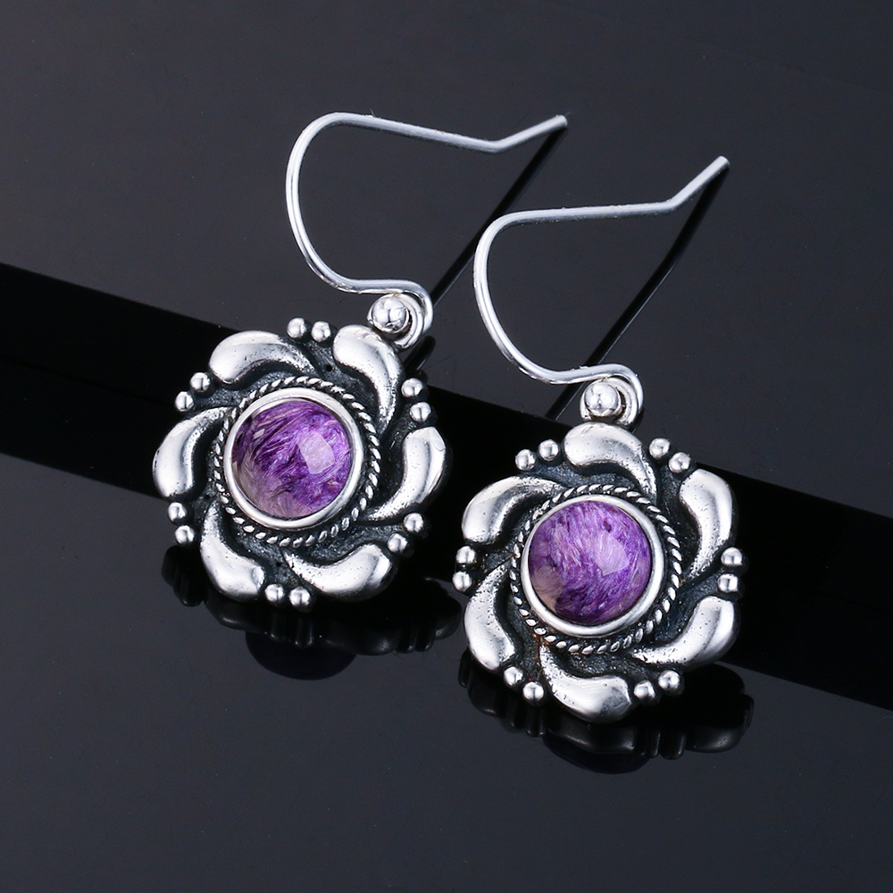 Fine Jewelry Silver Bohemia Earring for Women Natural Charoite Drop Earrings for Party Anniversary Gift Wholesale Fine Jewelry Silver Bohemia Earring for Women Natural Charoite Drop Earrings for Party Anniversary Gift Wholesale